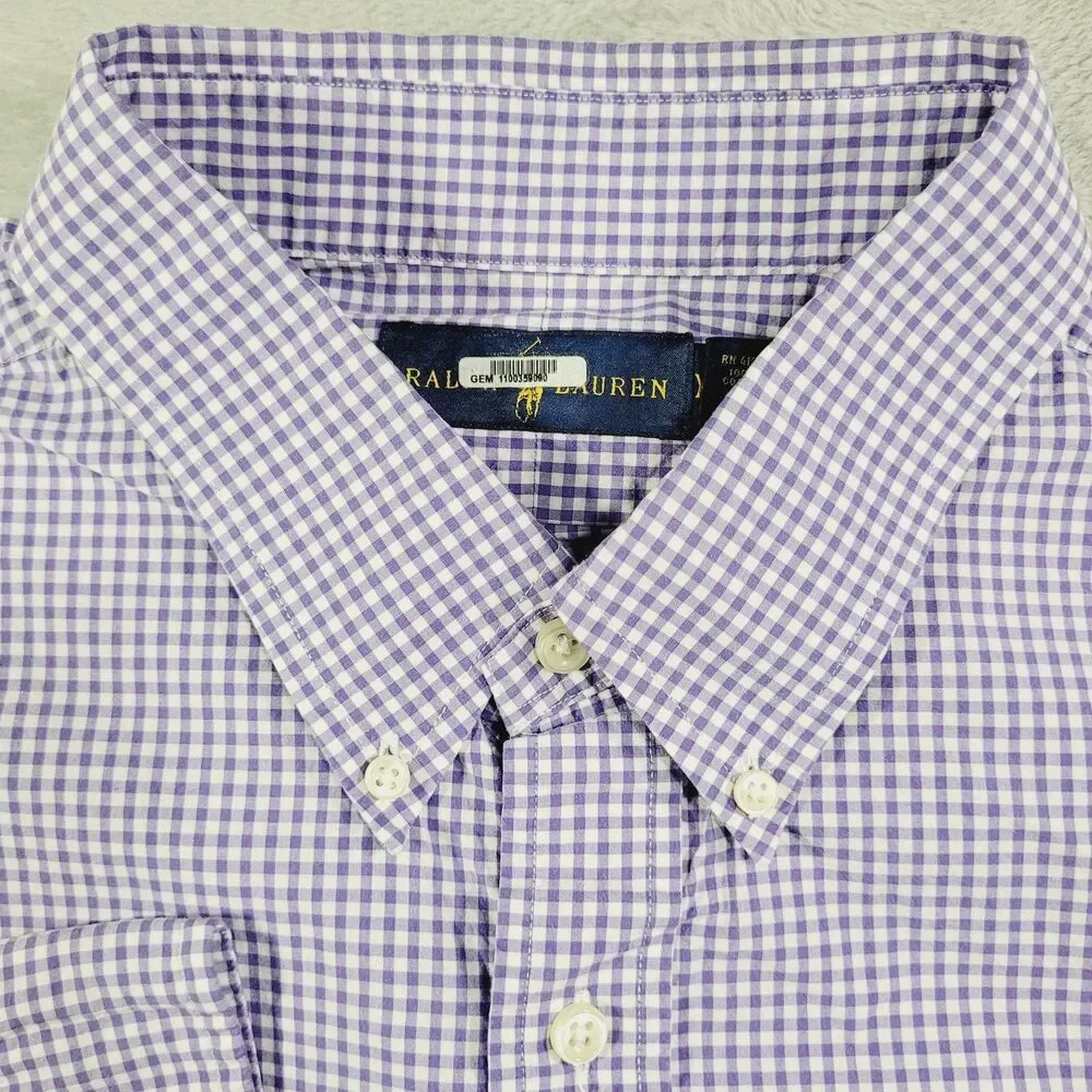Ralph Lauren Shirt Mens 2XL Purple Check Long Sleeve Button Down Cotton Logo